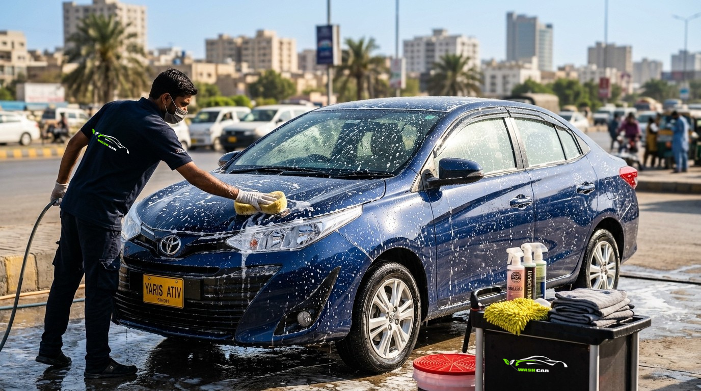 Professional hand wash and foam detailing at a car spa in Karachi.