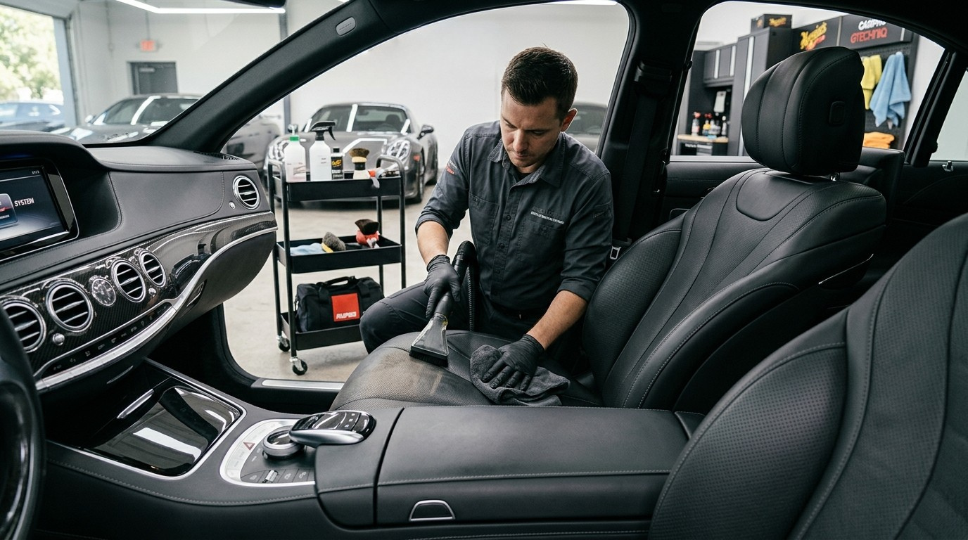 Professional detailer wiping the dashboard during interior car detailing in a clean garage